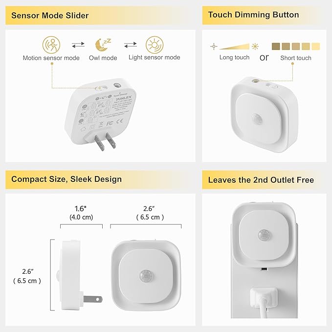 2 Pack Plug in Night Light with Motion Sensor & Dusk to Dawn Sensor, 3 Sensor Modes, Dimmable Night Lights Plug into Wall, Warm White Nightlight for Kids, Bathroom, Bedroom, Kitchen, Indoor