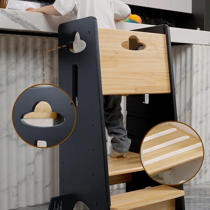 COSYLAND Toddler Standing Tower Adjustable Height - Super Stable Kids Kitchen Stool Helper - 3 Levels Adjustable Wooden Toddler Kitchen Stool (Natural & Dark Gray)