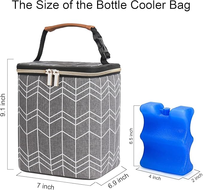 Breast Milk Cooler Bag with Ice Pack Fits 4 Baby Bottles Up to 9 Ounce, Baby Bottle Bag Great for Nursing Mom Daycare, Grey