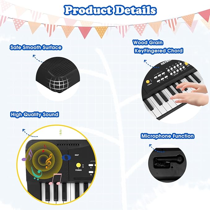 Toy Piano Keyboard for Kids Upgrade Electric Pianos Toys for 3 4 5 6 7 8 Year Old Girls Boys Beginners Keyboards with Microphone Toy for 3+ Year Old Kid Gifts (Black)