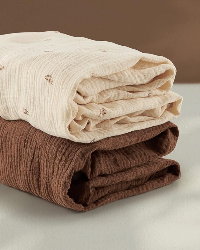 Blissful Diary Muslin Bassinet Sheets for Baby Girls Boys, Boho Soft Cotton Fitted for Oval Hourglass Rectangle Mattress, 2 Pack(Sunshine&Brown)