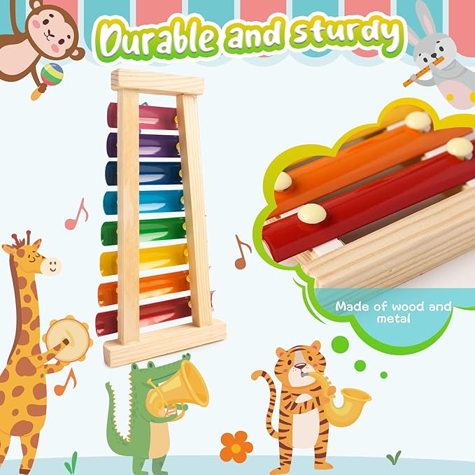 LovesTown Wooden Xylophone Musical Toy, 8 Rainbow Keys, 2 Mallets, Educational Instrument for Toddlers