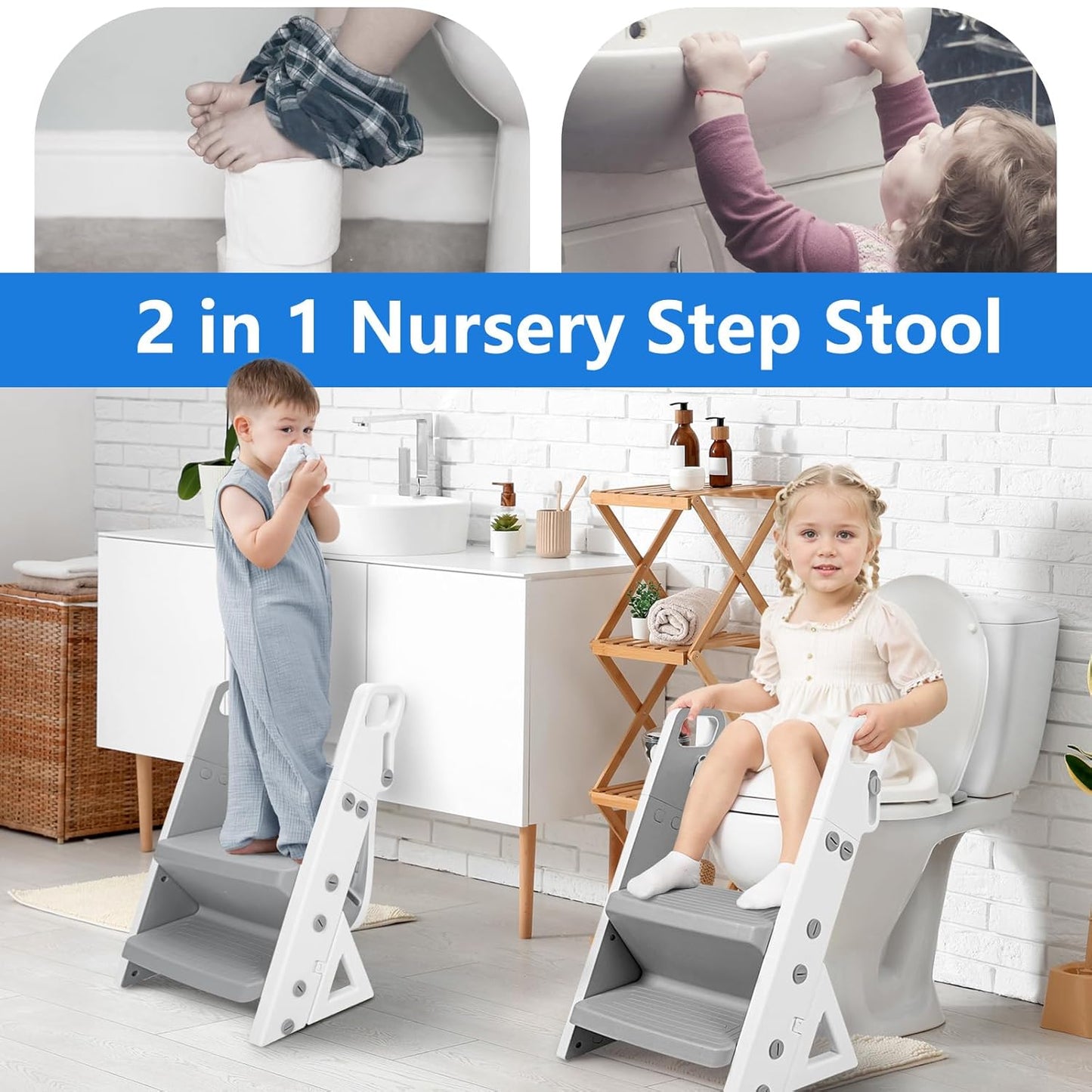 Easy Storage Potty Training Seat with Ladder, Adjustable Step and Toilet Seat Height, Easy-Grip Handles for Climbing, Foldable Portable Toddler Toilet Trainer, Perfect for Small Bathrooms