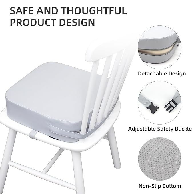 Toddler Booster Seat for Dining Table, Portable Kids Booster Seat with Safety Buckles Portable Increasing Booster Cushion with Non-Slip Bottom (Light Gray)