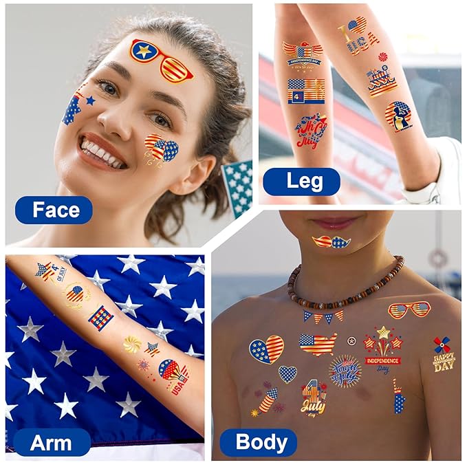 JCFIRE 4th of July Decorations, 100 PCS Temporary Tattoos for Kids Adults, Patriotic Decorations, Fourth of July Accessories, Red White And Blue Party Supplies for Independence Day