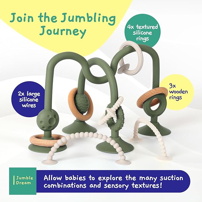 Jumble Jangle Baby Teething Toys – BPA-Free, Multi Purpose High Chair Toys for Babies: Suction Teething Relief with Sensory Toy Textures for Infants and Toddlers 3–24+ Months (Green)