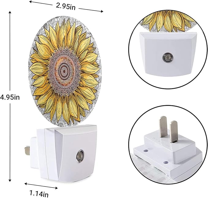 EKOBLA Sunflower Night Lights Plug into Wall Boho Yellow Flower Plug-in Nightlights, Gifts for Women Mom Grandma, Dusk to Dawn Sensor LED Round Nightlight Home Decor