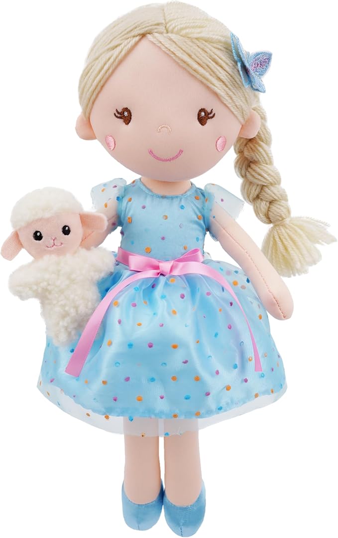 June Garden 15" Playmate Buddies Luna - Soft Plush Doll with Her Stuffed Animal Companion Lamb - Polka Dot Blue Dress for Kids 1 Year and Up