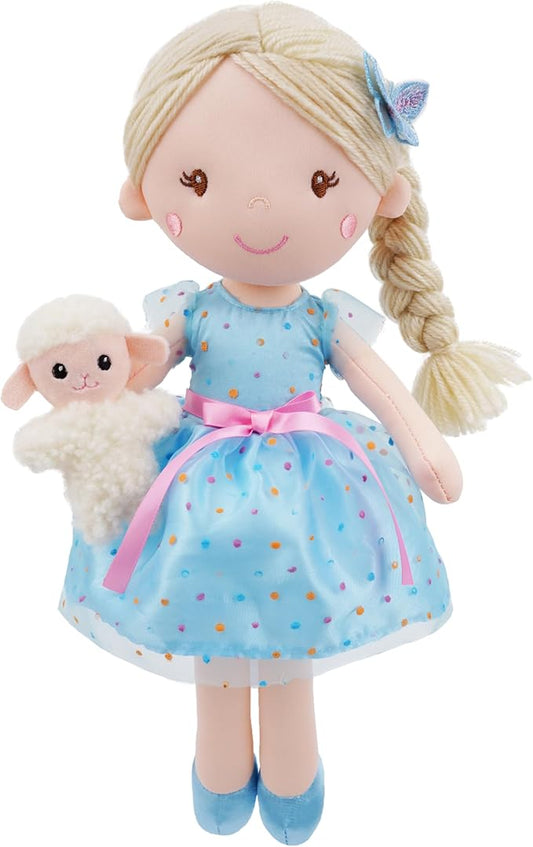 June Garden 15" Playmate Buddies Luna - Soft Plush Doll with Her Stuffed Animal Companion Lamb - Polka Dot Blue Dress for Kids 1 Year and Up