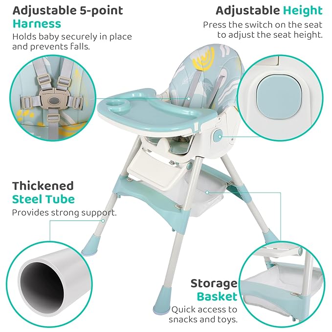 3 in 1 Baby High Chair, Adjustable 5 Point Harness, Tray, Foot Rest, Backrest and Seat Height,Multifunctional Foldable Portable highchair for Toddlers