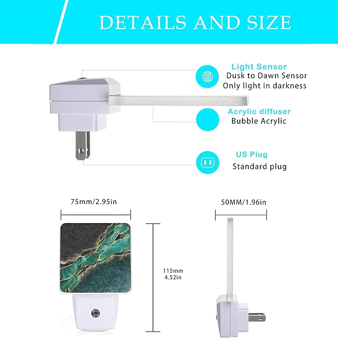 Green Marble Night Light,Golden Abstract Marble Veins Night Lights 0.5W Sleep Friendly for Boys Girls Led Night Light Dusk to Dawn Sensor Nightlight for Stairway/Hallway/Bedroom