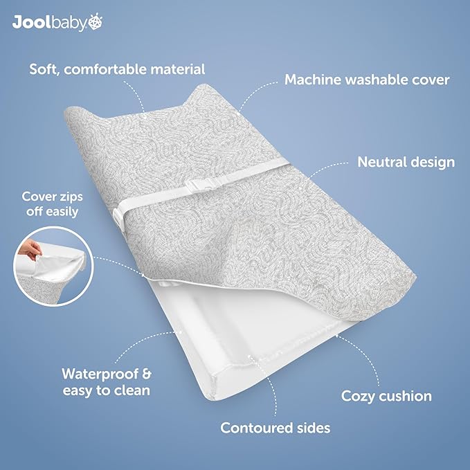 Jool Baby Soft Changing Pad + Washable Cover, Non-Slip - Fits Standard Changing Tables & Dressers (Gray/Wave)