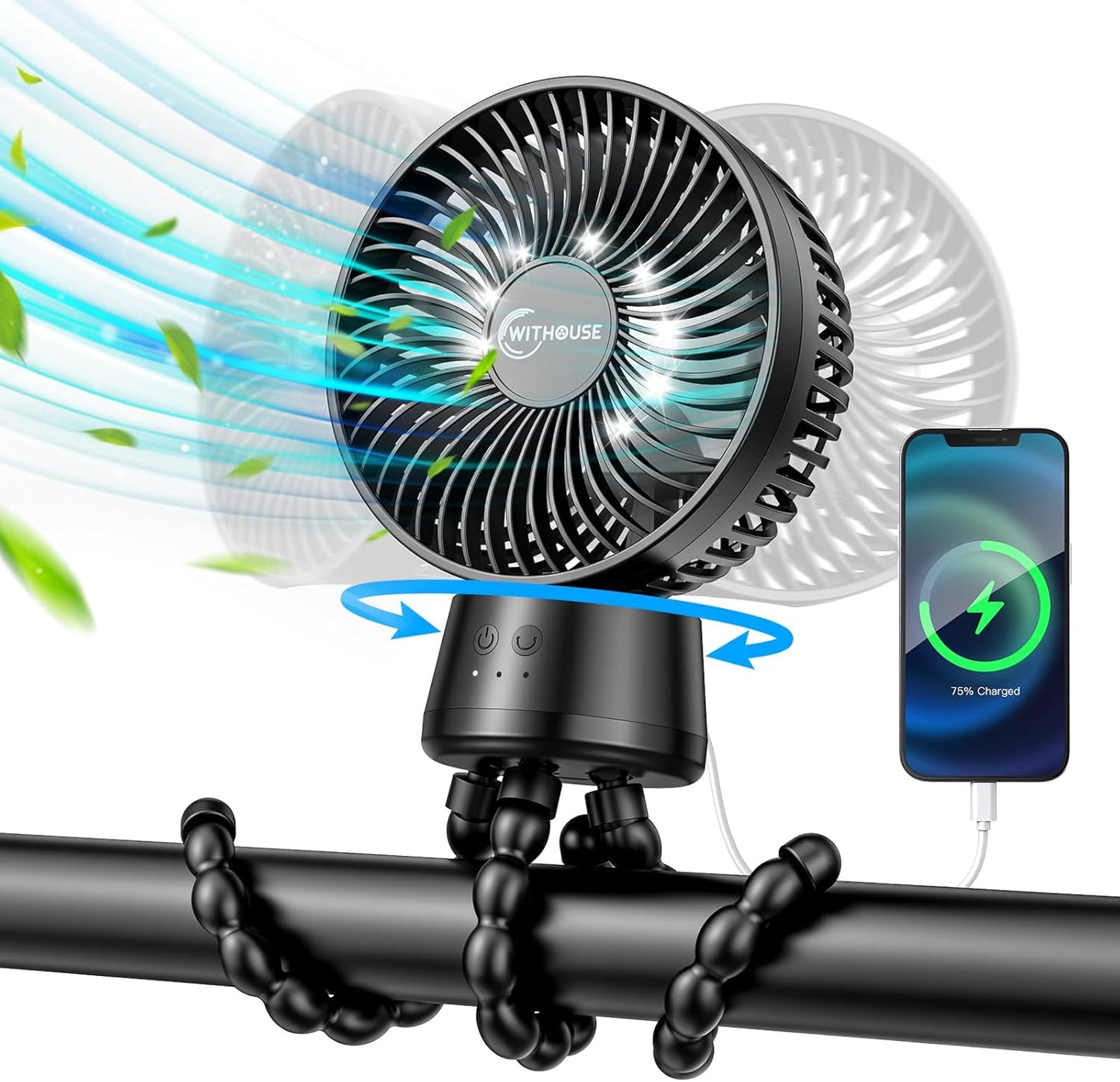 20000mAh Portable Stroller Fan, 120° Auto Oscillation, 3-IN-1 with Power Bank LED Light Detachable Flexible Tripod Rechargeable Battery Powered Clip On Fans Desk for Baby Crib Car Seat Travel