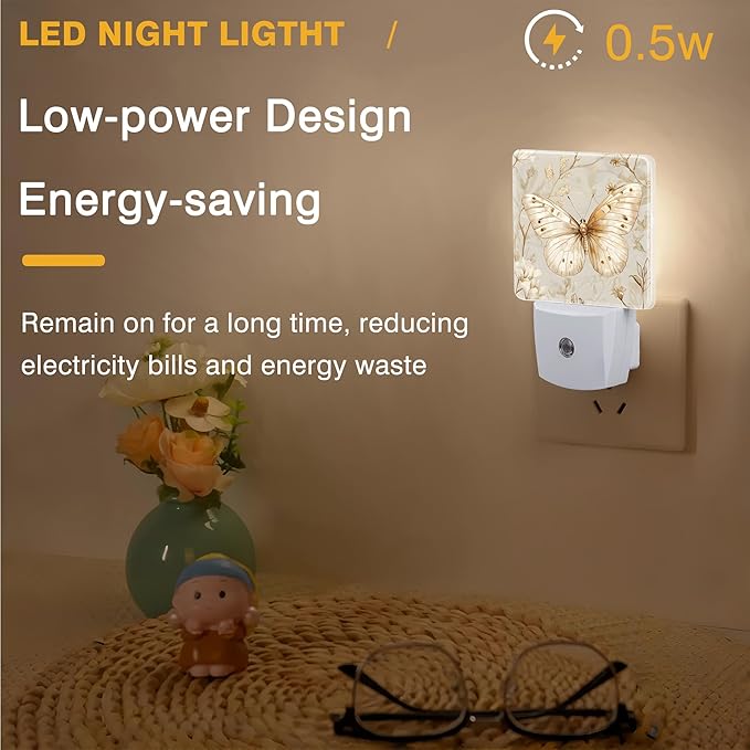 Beautiful Butterfly and Flower Night Light, Plug-in Nightlight with Dusk to Dawn Auto Sensor for Home Bedroom Hallway Kitchen 0.5W Sleep Friendly Led Lamp for Women Men