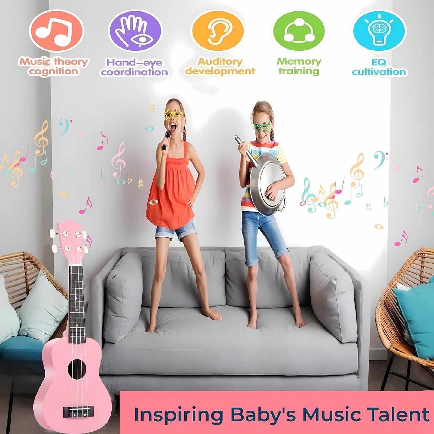 21 Inch Carbon Fibre Kids Toddler Child Children Acoustic Guitar Ukulele Musical Instruments Ideal for 3-9 Year Old Boys Girls Gifts (Pink)