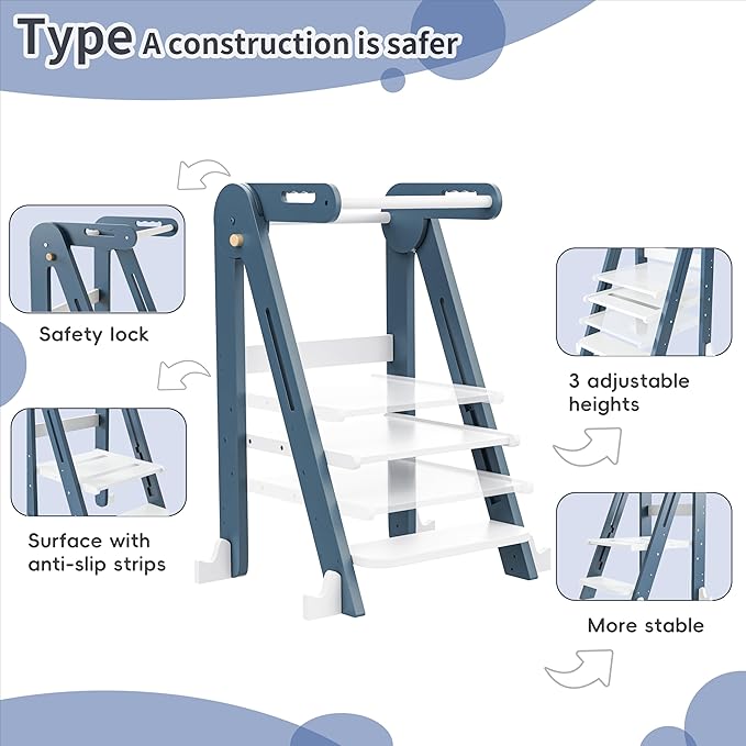 Kids Kitchen Step Stool, Foldable Toddler Tower, Height Adjustable Toddler Standing Tower with Safty Rail and Anti-Slip Device, Wooden Stool for 1.5-6 Years(Sky Blue-White)