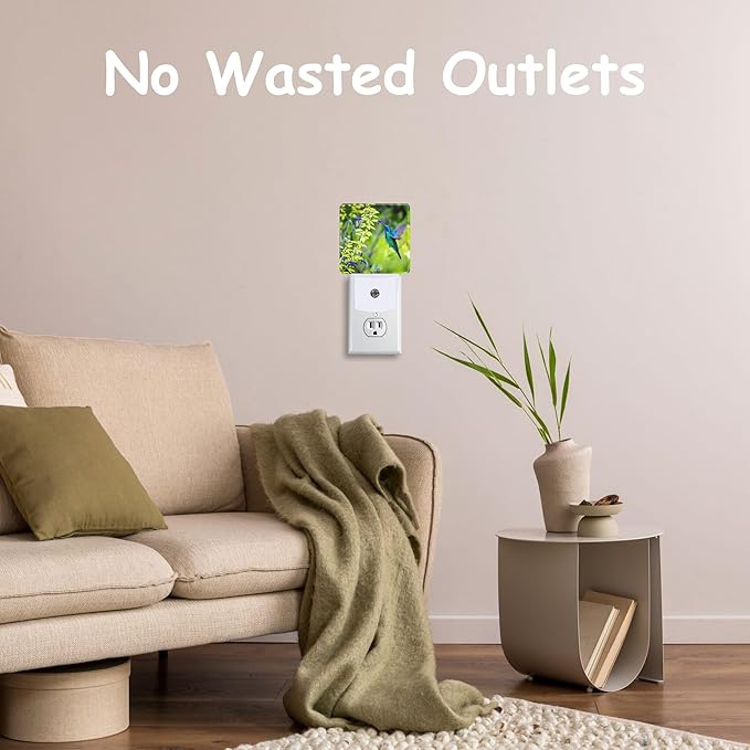 Green Violet Ear Hummingbird Night Light,Nature Salvia Mexicana Plug-in Night Light Auto Dusk-to-Dawn Sensor Energy Efficient LED Lamp for Room Decor,Hallway,Kitchen,Bathroom,Nursery,Stairs