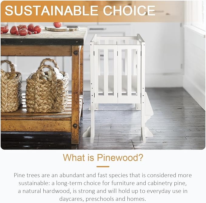 WOOD CITY Kitchen Step Stool Helper - Montessori Foldable Standing Tower for Toddlers with Safety Rail, Height Adjustable Ideal Helper for Learning New Skills, Natural Pure Pine Wood (White)