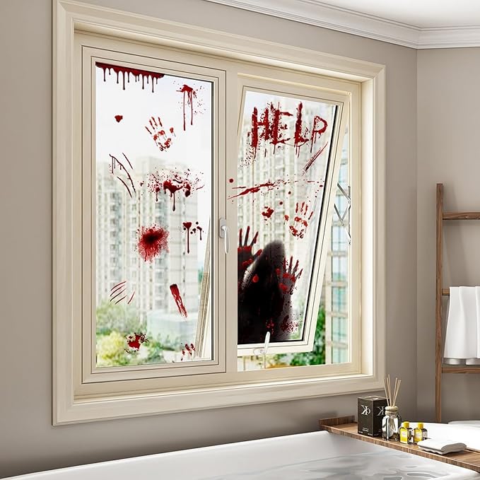 2 Sheets Halloween Window Clings Scary Ghost Window Stickers Decals Double-Sided DIY Glass Stickers Bloody Handprints Female Ghost Shadow Designs Spooky Halloween Party Decor Supplies