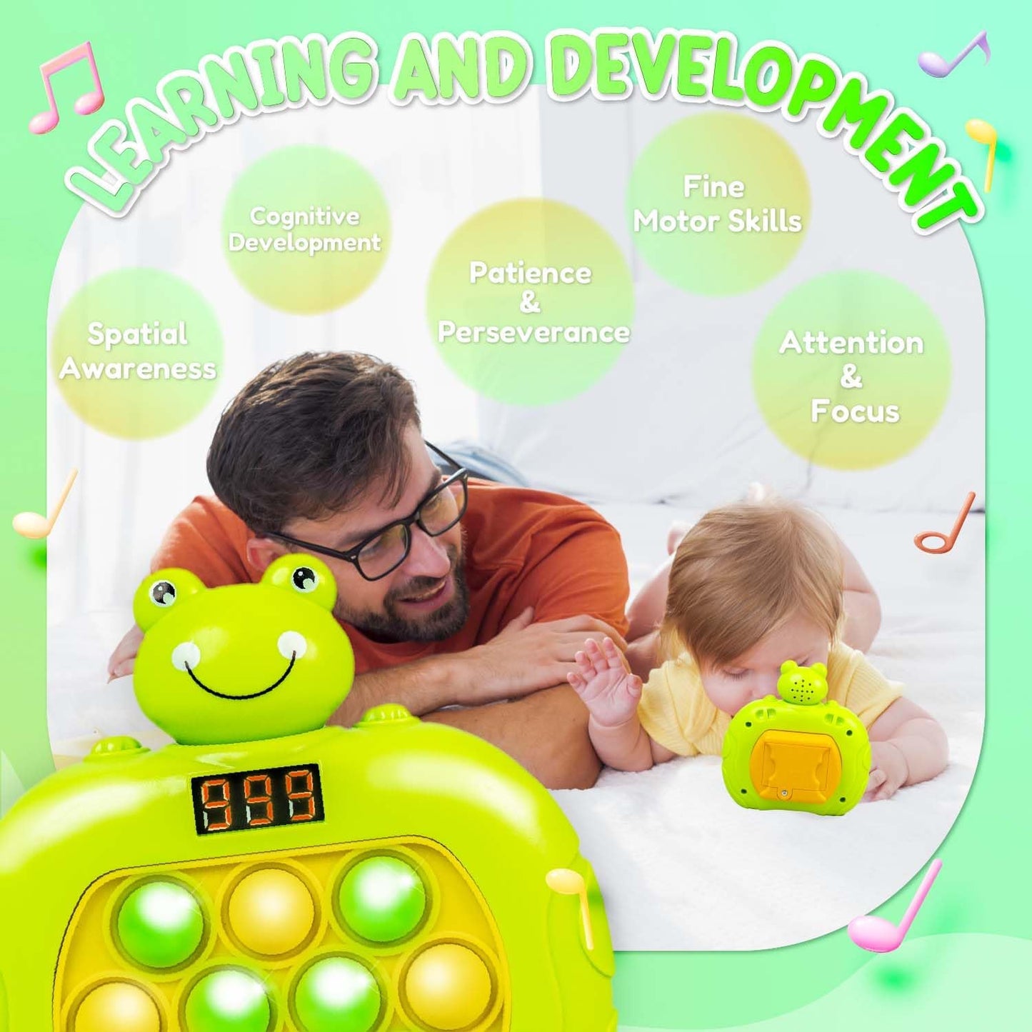 Marlo & Buzz Fast Push Game Toy with Popit Game Controller, Pop Fidget Animal with LED Screen - Sensory and Memory Console, Quick Bubble Light Toy, Pocket Games (Frog)