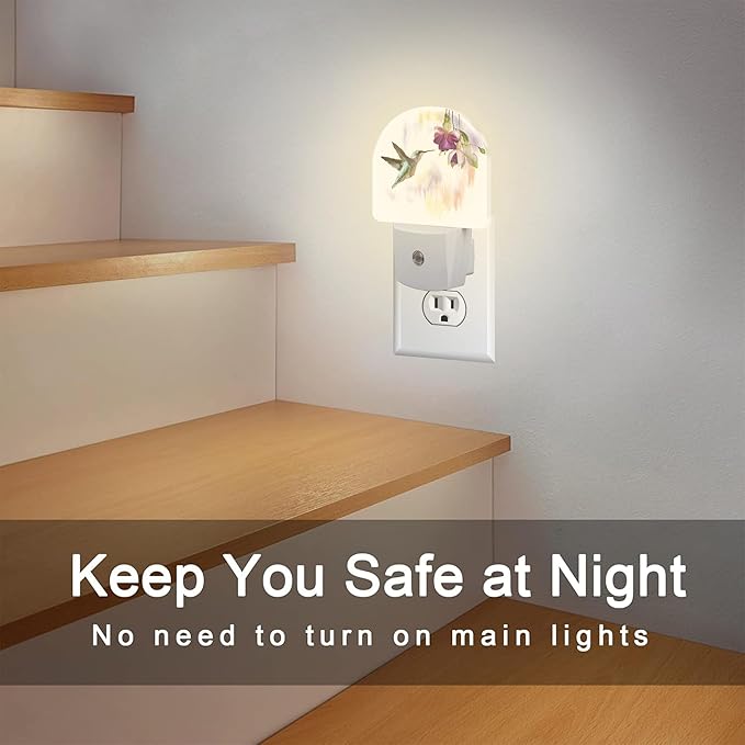 Hummingbird Flowers Night Light for Kids,Groovy Cute Bird Floral Night Light Plug in with Dusk to Dawn Sensor,0.5w Energy Saving Sleep Friendly Nightlight for Hallway Stairway Kitchen Bedroom