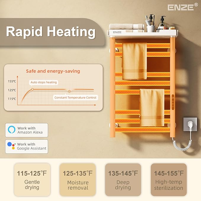 ENZE Heated Towel Rack with Shelf and Wi-Fi App Control, 8 Bars Electric Wall Mounted Towel Warmer with Timer & Adjustable Temperature, Low Carbon Steel, Plug-in/Hardwired, White