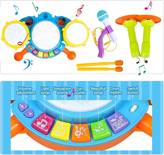 POKONBOY Kids Drum Set for Toddler 1-3, Musical Instruments Learning Toys with 2 Drum Sticks Adjustable Microphone Birthday for Boys Girls 6 12 18 Month (Yellow)
