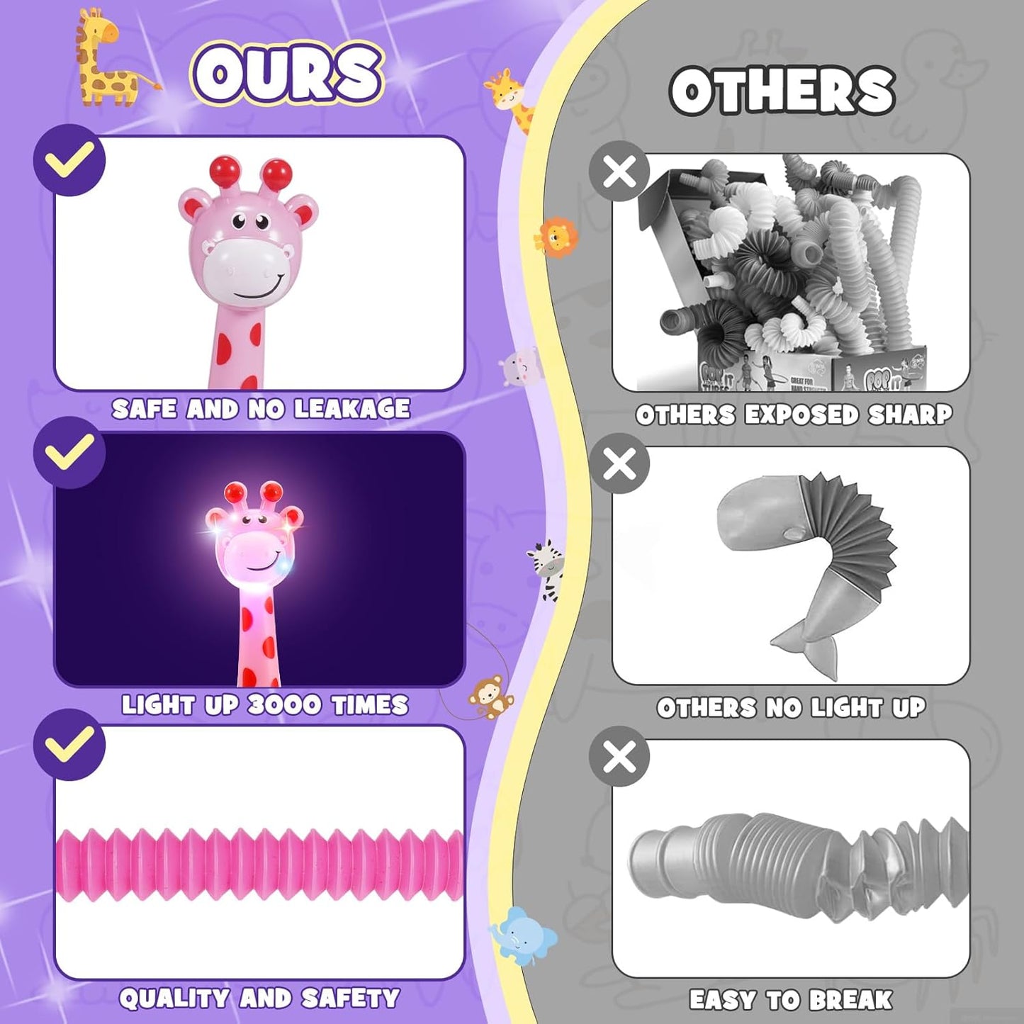 Sensory Fidget Toys for Kids : 4 Pack LED Giraffe Telescopic Pop Tubes 2 3 4 5 6 7 8 Year Old Girls Boys Easter Birthday Gifts Toy for Kid Ages 2-4 Autism Toddler Travel Toy Party Favors