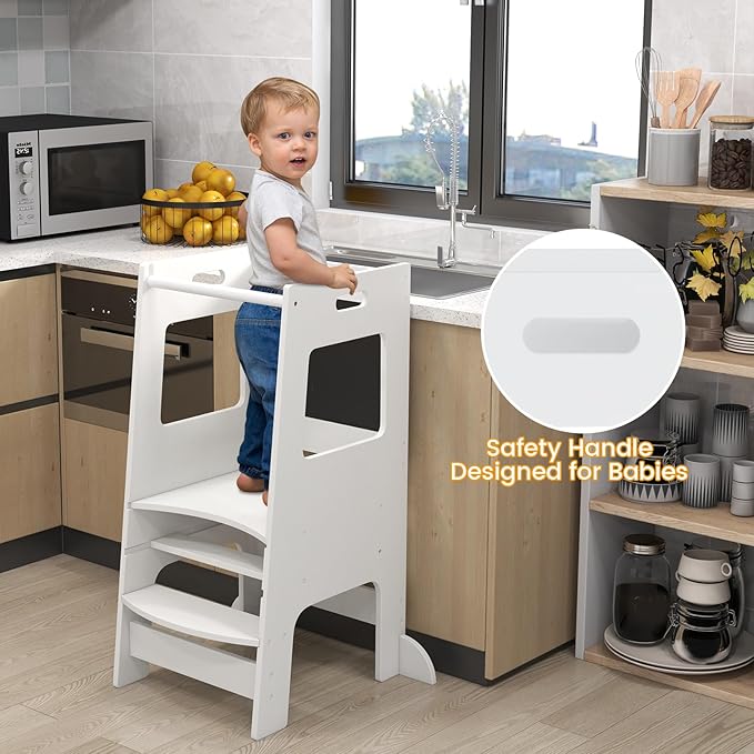INFANS Toddler Standing Tower, Kids Montessori Kitchen Step Stool Helper with 2 Adjustable Height Learning Blackboard Safety Rail Wooden, Anti-Slip Mats, 1-3 Year Old Boy Girl Gifts (White)