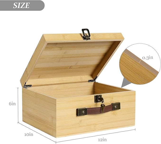 ANMINY Wooden Keepsake Memory Box with Locking Lid Bamboo Wood Storage Box with Hinged Lid & PU Leather Handles Large Decorative Wooden Chest Box for Crafts Stash Gifts - Natural, 12"L x 10"W x 6"H