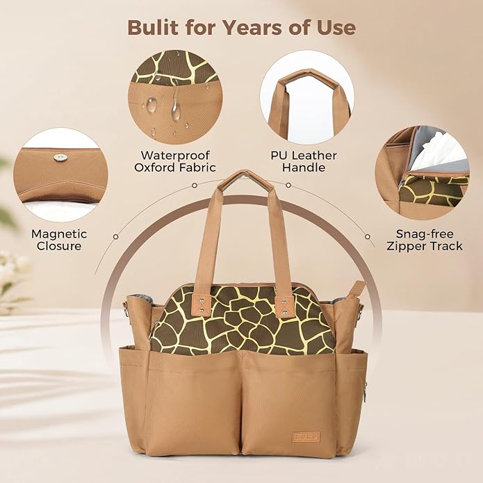 Lekebaby Diaper Bag Tote, Large Diaper Bags Waterproof,Large Mommy Bag Tote Bag Handbag Pink Travel, Black and Beige