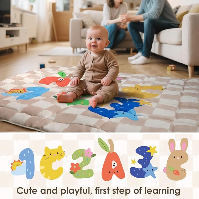 Baby Play Mat, Foldable Play Mats for Floor, 50x50 Inches Crawling Mat for Playpen with Anti-Slip Bottom, Machine Washable, Thicken Padding Foam Playmats for Babies and Toddlers (Sand Checks)