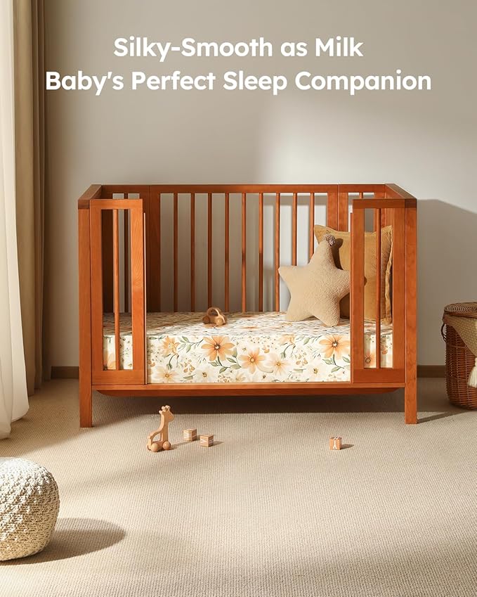 Baby Crib Sheets for Boys Girls, 28x52x8in Fitted Crib Sheet Neutral 3 Pack for Standard Crib and Toddler Mattress, Breathable Soft Microfiber Baby Sheet Orange Flowers & Plaid