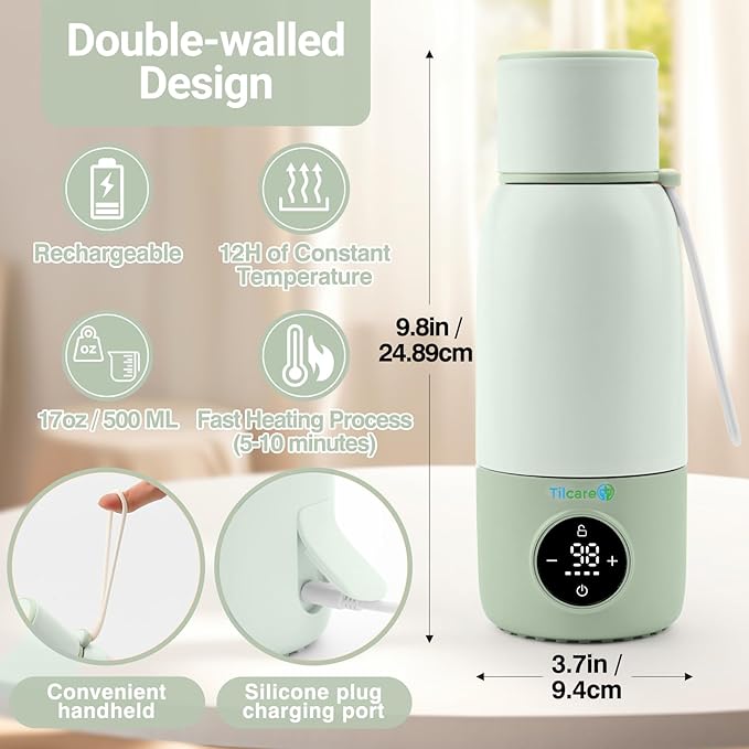 Portable Bottle Warmer for Travel - 17oz 12H Baby Bottle Milk Warmer, Fast Heat Travel Bottle Warmer for Breastmilk, USB Calentador De Biberones on The Go - Wireless Car Bottle Water Warmer, Green