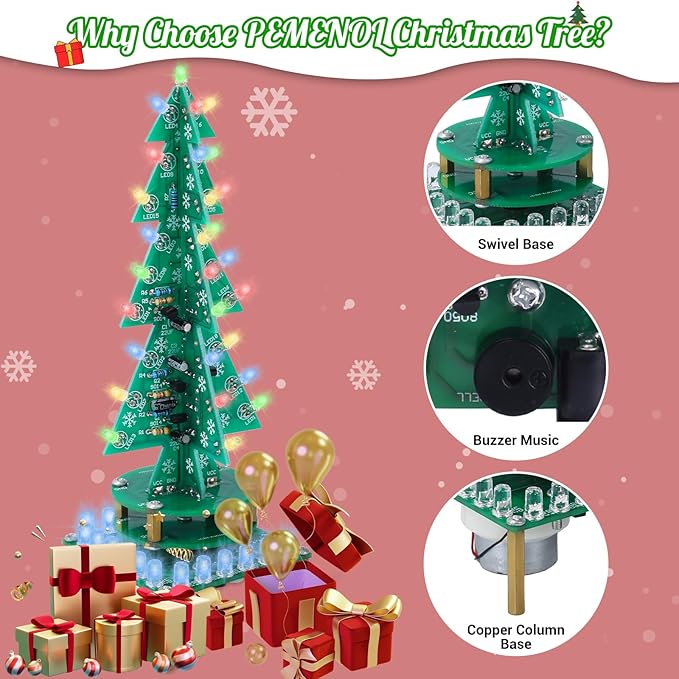 3D RGB LED Rotating Xmas Tree Soldering Kit, PEMENOL DIY Soldering Practice Kit Colorful Musical Christmas Tree Fun Electronic Project Kit for Christmas Decoration Home Family Friends