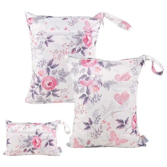 ALVABABY 3pcs Baby Cloth Diaper Wet Dry Bags Waterproof Reusable with Two Pockets|Travel Beach Pool Daycare Soiled Baby Items Yoga Gym Bag for Swimsuits or Wet Clothes 3L-H066