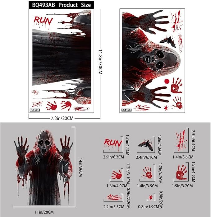 Halloween Ghost Window Clings Horror Bloody Handprints Spooky Ghost Slap The Window Double Sided Large Spooky Designs Halloween Bat Pumpkin Windows Clings for School Home Office Party Supplies Decor