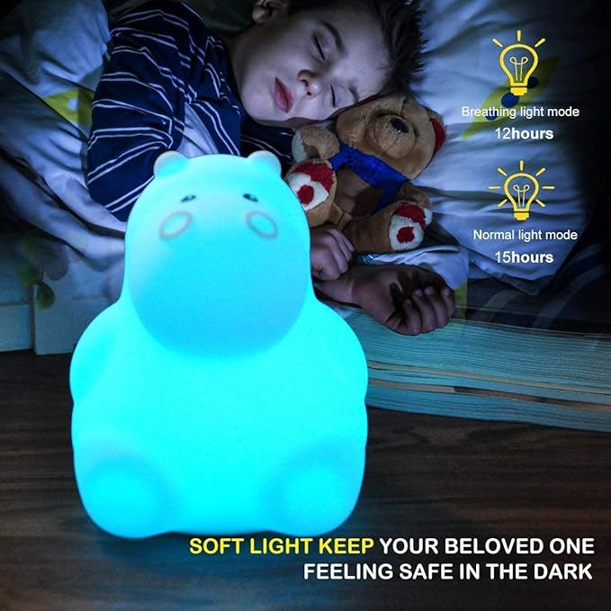 Night Light, Kids Bedside Lamp, Baby Nursery Lamp for Breastfeeding Safe, Break Resistant, Eye Caring, Adjustable Brightness & Color, Timing Function, Remote Control + Touch Control - Hippo