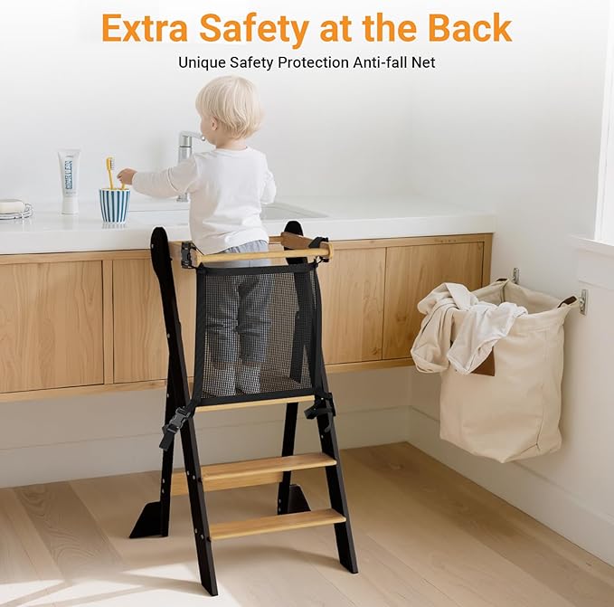 COSYLAND Foldable Toddler Kitchen Stool Helper - Height Adjustable Standing Tower for Bathroom Sink or Kitchen Counter - Step Stool for Toddlers Ages 18 Months to 6 Years Black & Natural