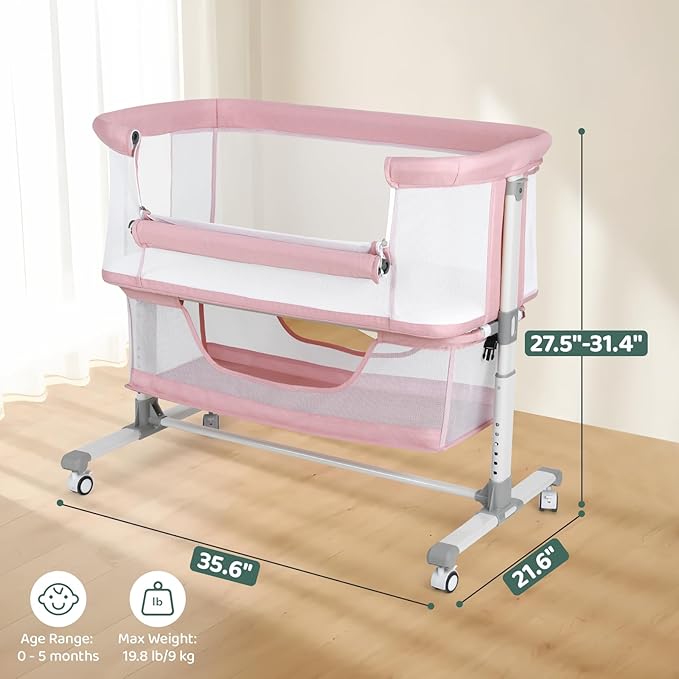 Cowiewie Bassinet Bedside Sleeper, Portable, Breathable, Adjustable Baby Bedside Bassinet for Peaceful Nights, Pink