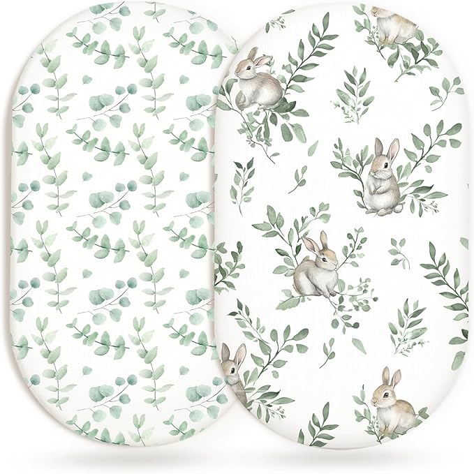 Bassinet Sheets for Baby Girls Boys 2 Pack, Fitted Baby Mattress Sheet for Rectangle, Oval, Hourglass Bassinet Mattress, Breathable Cozy & Universal Fit (Bunny Meadow)