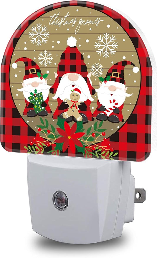 Red and Black Buffalo Plaid Night Lights Plug into Wall Christmas Gnomes Night Light Dusk to Dawn Smart Sensor Decorative Round Led Lamp for Bedroom Kitchen Hallway Nightlight for Women Men