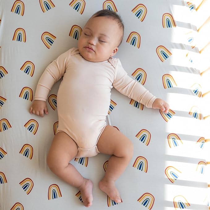 Kyte Baby Soft Crib Sheet - Standard Fitted Crib Sheet Made with Rayon from Bamboo, Ultra-Gentle and Breathable (Rust Rainbow on Oat)