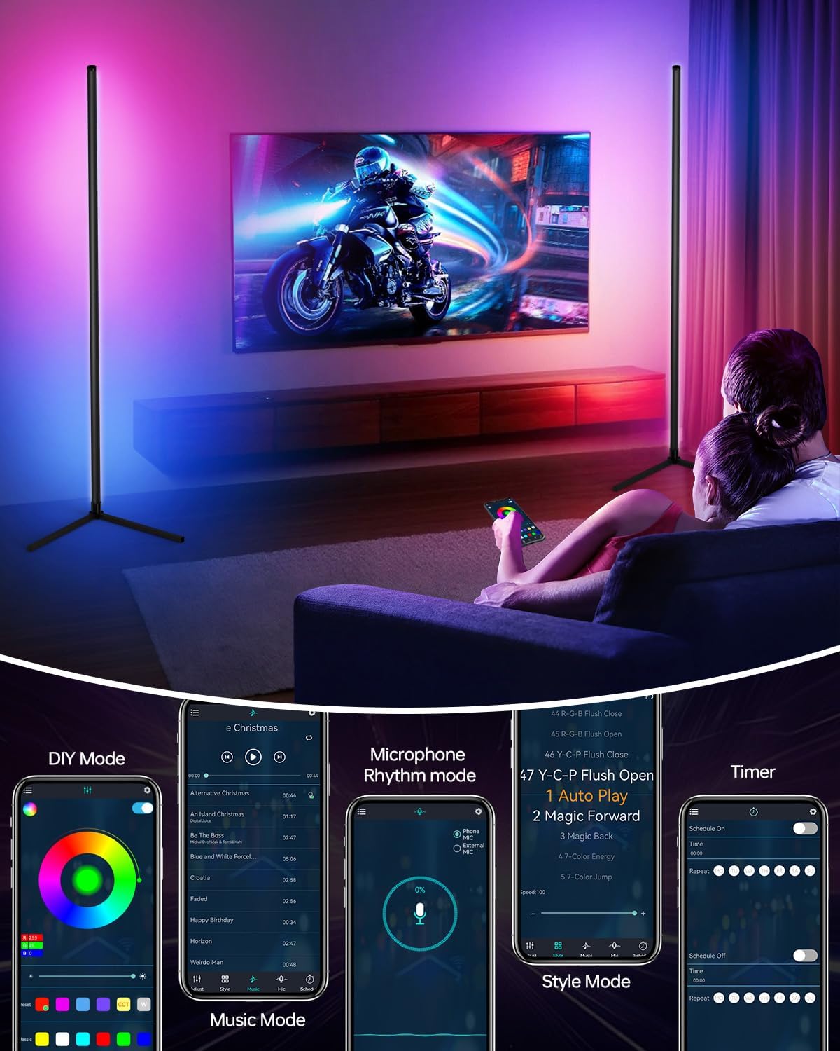 Corner Floor Lamp,RGB LED Corner Lamp with Smart APP Control Remote Control Color Changing Ambience Light with 16 Million DIY Color Changing for Bedroom Living Room and Game Room