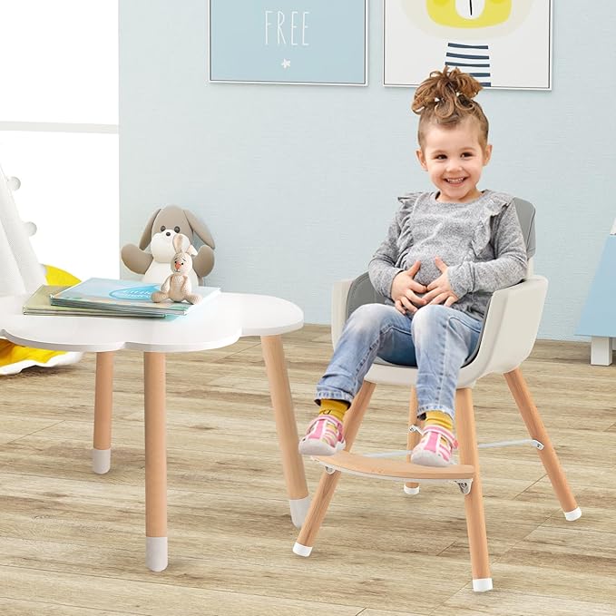 BABY JOY Convertible Baby High Chair, 3 in 1 Wooden Highchair/Booster/Chair with Removable Tray, Adjustable Legs, 5-Point Harness, PU Cushion and Footrest for Baby, Infants, Toddlers (Gray)