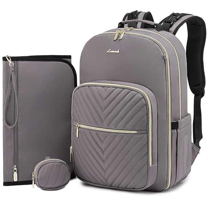 LOVEVOOK Diaper Bag Backpack, Quilted Baby Bag with Changing Pad & Pacifier Holder, Waterproof Travel Diaper Bags for Baby Boys Girls, Stylish and Large Capacity, Purple Grey