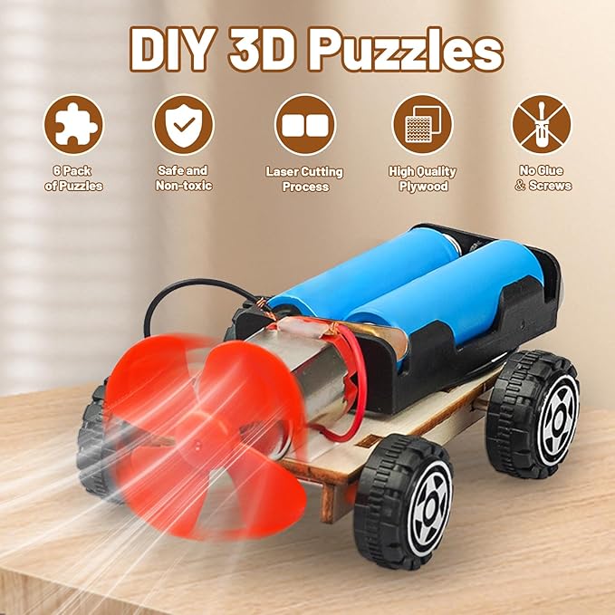 STEM Science Kits for Kids Age 8-12, 6 Set Wind-Powered Cars Science Experiments 6-8 8-10, Wood Building Crafts Kit for Boys Girls, School Classroom STEM Projects Toys Gifts for 6 7 8 9 10 12 Year Old