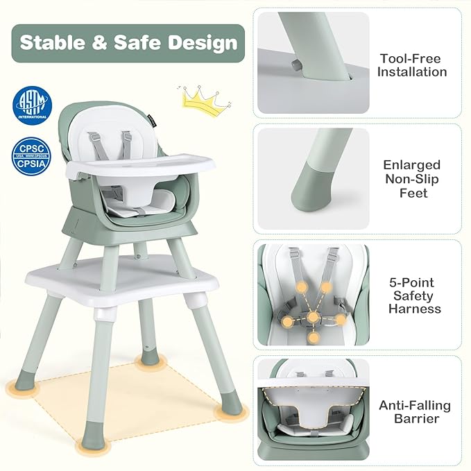 KOTEK Baby High Chair, 8 in 1 Convertible Highchairs for Babies and Toddlers, Building Block Table, Booster Seat, Toddler Chair with Removable Tray, Safety Harness, Dual Cushions (Green)
