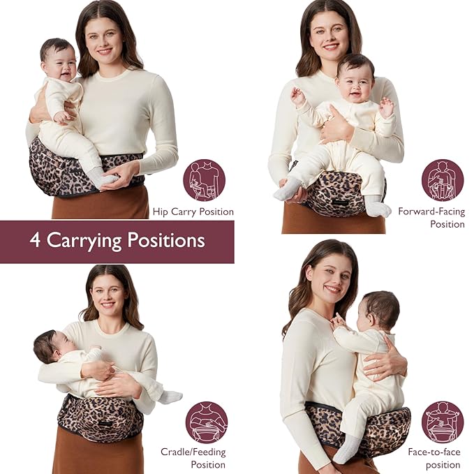 Momcozy Hip Seat Baby Carrier - Adjustable Waistband with Original 3D Belly Protector, Ergonomic Carrier with Various Pockets for Newborns & Toddlers up to 45lbs (Leopard, Medium)