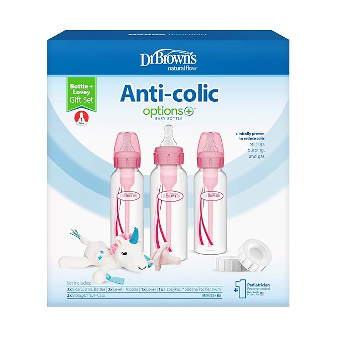 Dr. Brown's Natural Flow Anti-Colic Options+Narrow 8oz/250mL Baby Bottle + Lovey Gift Set with Level 1 Slow Flow Nipples, Pink
